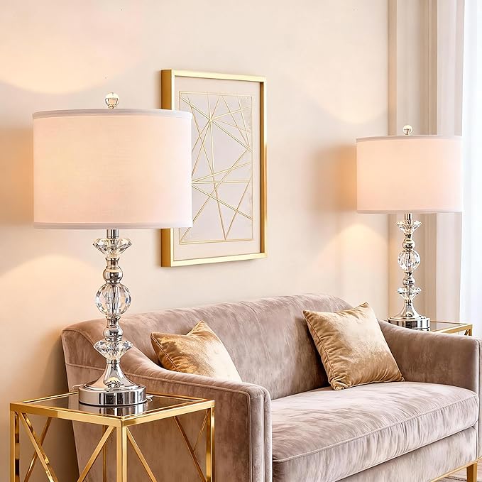 25.5" Crystal Table Lamps Set of 2 for Living Room, Modern Bedside Nightstand Lamps with USB A+C Charging Ports with White Shade, 3 Way Dimmable Nickel Bedroom Lamp for End Table