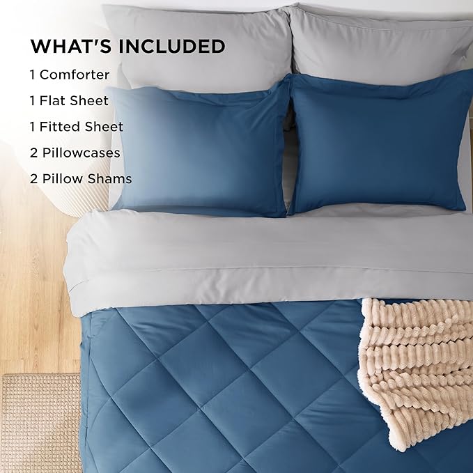 Bedsure Queen Comforter Set - 7 Pieces Reversible Slate Blue Bedding, Queen Size Bed Set for All Seasons, Bed in a Bag with Down Alternative Comforter, Sheets, Pillowcases & Shams