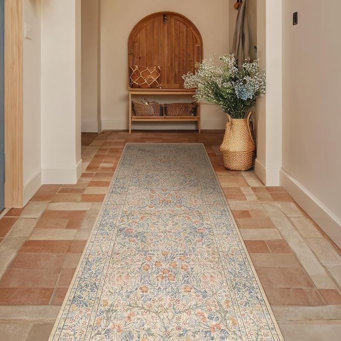 Vintage Beige Blue 2'6" x 8' Runner Rug - Image 7