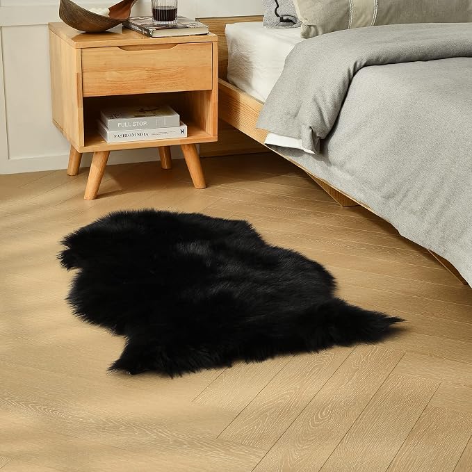 duduta Black Faux Fur Rug 2x3 ft, Small Fluffy Bedside Rug Seat Covers | Shag - Image 2
