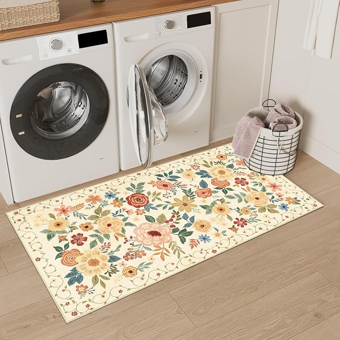 DUKINO 2x4 Entryway Rug, Floral Washable Kitchen Rugs Non Slip Beige Yellow | - Image 8