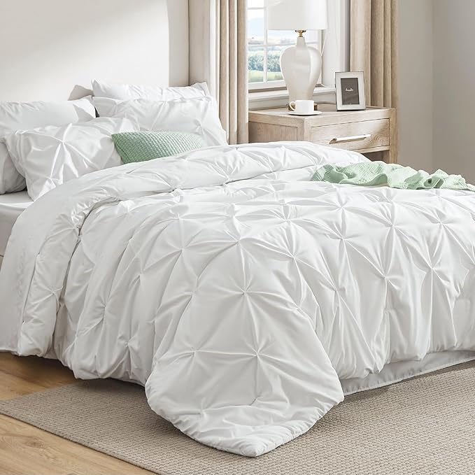 Bedsure Twin Comforter Set White - Bed in a Bag Twin Size Bedding 5 Pieces, GentleSoft™ Pintuck Bed Set Gift for Family, Pinch Pleat White Comforter with Sheets, Pillowcase & Sham