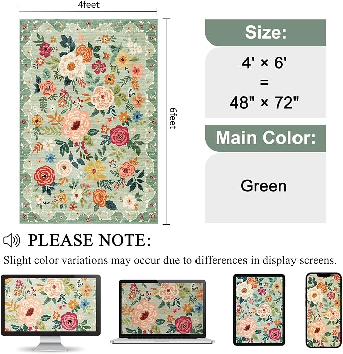 DUKINO 4x6 Area Rug, Floral Washable Rug Non Slip Office Chair Mat, Stain - Image 2