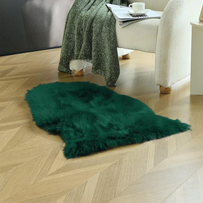 Emerald Green Faux Sheepskin Throw Rug 2x3 ft, Fluffy Fur Seat Chair Covers | - Image 5