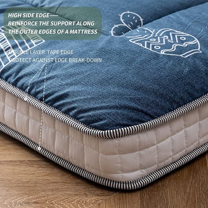 MAXYOYO Grey Cactus Pattern Queen Size Futon Mattress, Quilted Bed Mattress Topper, Extra Thick Folding Sleeping Pad, Breathable Floor Lounger, Guest Bed for Camping, Couch