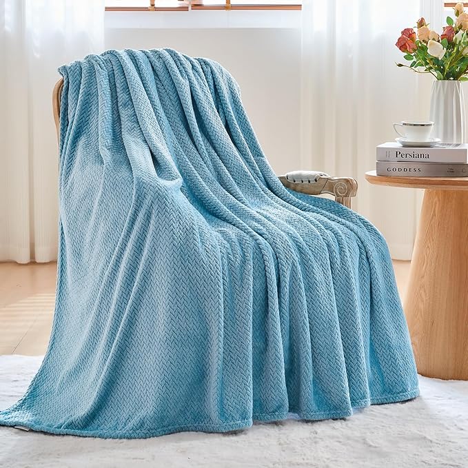 NEWCOSPLAY Super Soft Throw Blanket Light Blue Premium Silky Flannel Fleece Leaves Pattern Lightweight Bed Blanket All Season Use (Light Blue, Throw(50"x60"))