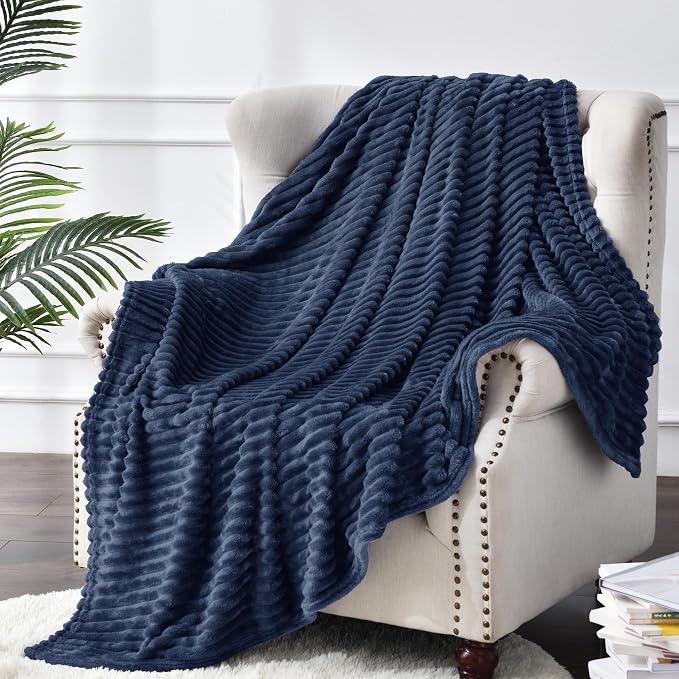 BEDELITE 3D Ribbed Navy Blue Fleece Throw Blanket - Image 8