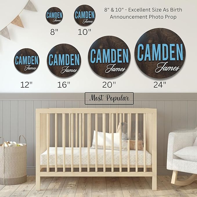 Custom Round Nusery Name Sign, Personalized 3D Baby Name Announcement Sign, Personalized Wooden Wall Plaque, 3D Wall Art for Children & Kids Rooms, Family Name Signs, 30 Colors (Design 5)
