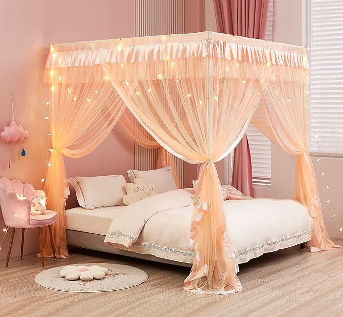 Mengersi Canopy Bed Curtains - Bed Canopy Royal Luxurious Cozy Drapes Netting- Elegant Bedroom Decoration Accessories for Adults(Queen,Peach)