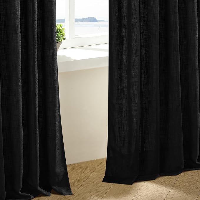 Black Pinch Pleated Linen Semi Sheer Curtains 45 Inch Length 2 Panels Set | - Image 7