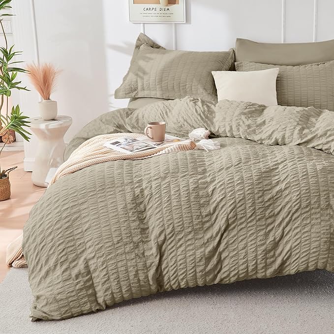 HYMOKEGE Linen Twin Comforter Set Seersucker 5 Pieces, All Season Luxury Bed in a Bag for Bedroom, Bedding Set with Comforter, Sheets, Pillowcase & Sham