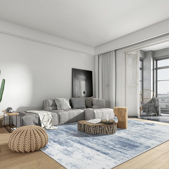 5x7 Area Rugs for Living Room: Washable Abstract Blue White Badroom Carpet | - Image 4