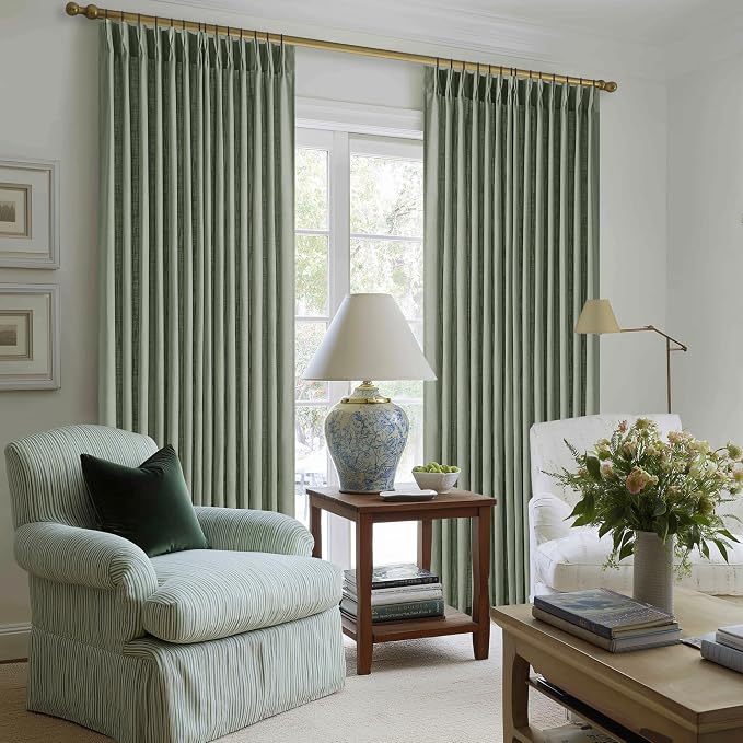 Sage Green Pinch Pleat Semi Sheer Linen Curtains 108 Inches Long 2 Panels | - Image 7