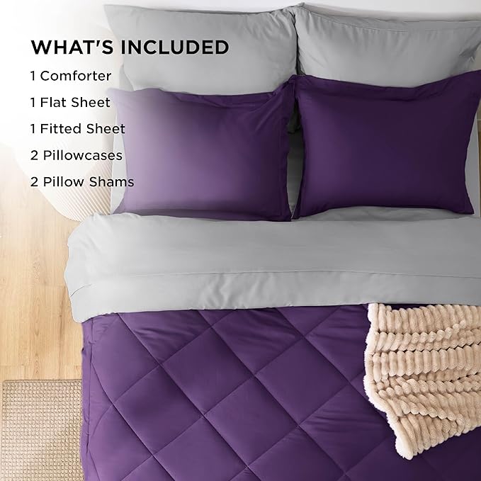 Bedsure California King Comforter Set - 7 Pieces Reversible Purple Bedding, California King Size Bed Set for All Seasons, Bed in a Bag with Down Alternative Comforter, Sheets, Pillowcases & Shams
