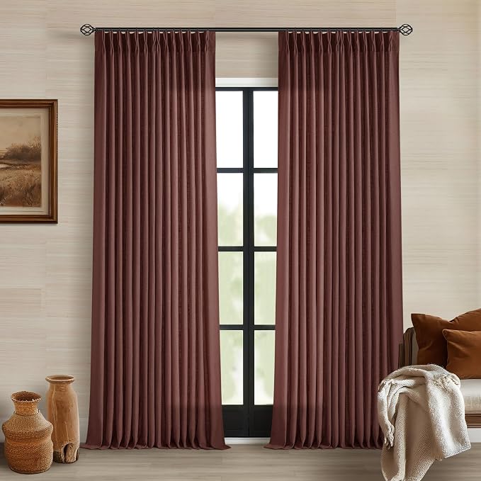 Brick Brown Pinch Pleated Light Filtering Linen Curtains 90 Inches Long | by Twodrapes