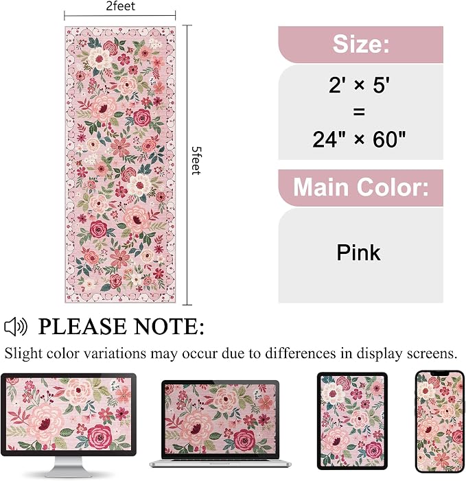 DUKINO 2x5 Runner Rug, Floral Washable Rug - Image 2