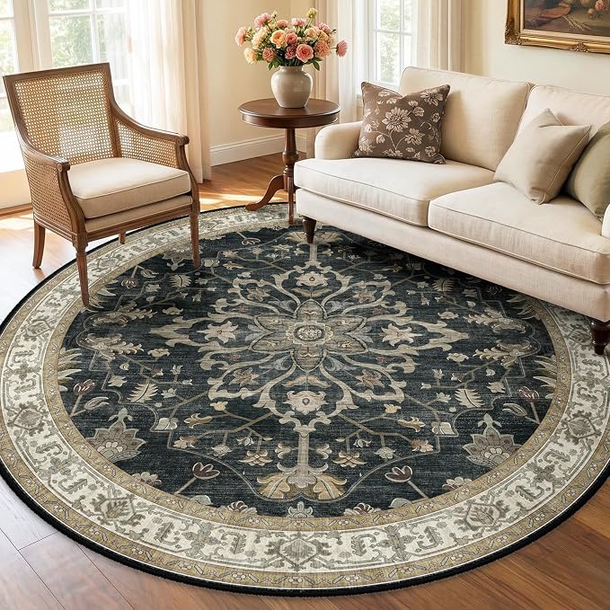 RELEANY Washable Area Rug, Round 6ft, Water Repellent, Pet Friendly, Vintage by RELEANY