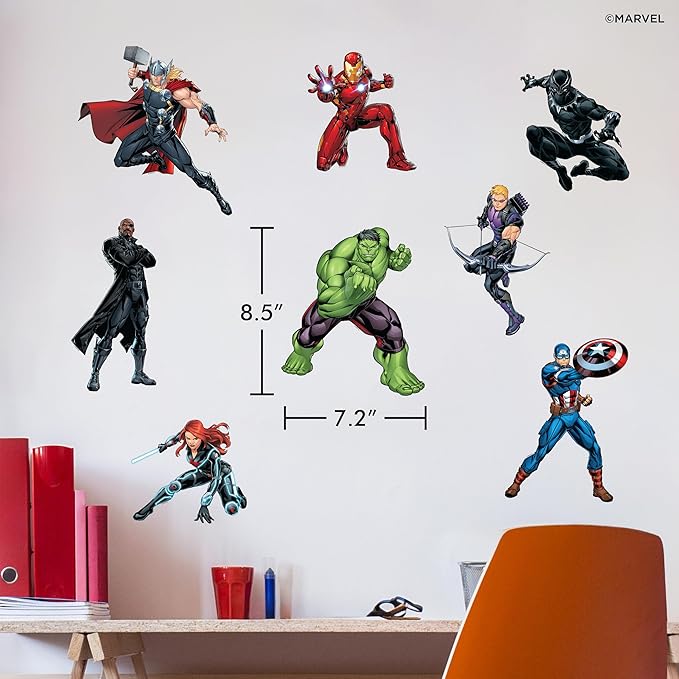 Marvel The Avengers Wall Decals – Set of 8 Hulk Iron Man Captain America Black Panther Removable Vinyl Stickers for Kids Bedroom Playroom Bathroom - Peel and Stick Room Décor
