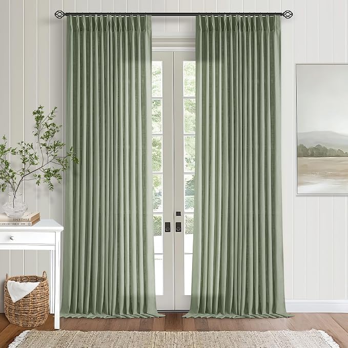 Sage Green Pinch Pleat Linen Semi Sheer Curtains 90 Inches Long 2 Panels | by Twodrapes