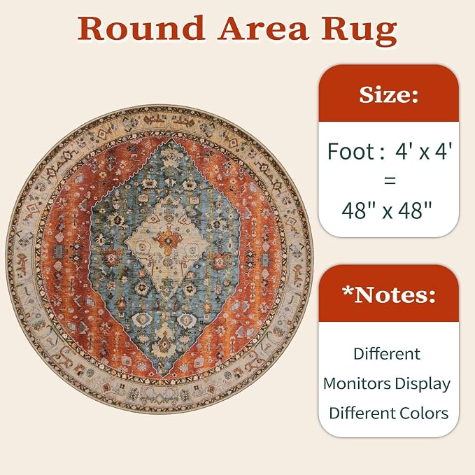 SERISSA 4ft Washable Non Slip Round Boho Area Rug - Image 6