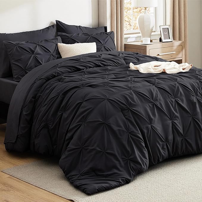 Bedsure Oversized Queen Comforter Set Black - Bed in a Bag Bedding Set 7 Pieces, GentleSoft™ Pintuck Bed Set Gift for Family, Pinch Pleat All Season Comforter with Sheets, Pillowcases & Shams