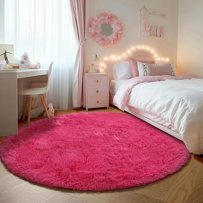 Hot Pink Round Rugs 5ft for Bedroom Living Room, Fluffy Circle Area Rug for by ONASAR