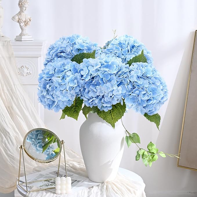 Waipfaru 21" Real Touch Blue Hydrangea Artificial Flowers with Long Stem & Leaves, Full Latex Faux Hydrangea Flowers for Home Decor Party Floral Arrangements Wedding Bouquets Centerpieces, 3Pcs