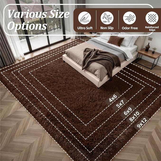 8x10 Area Rug Living Room Bedroom: Fluffy Plush Shag Carpet Brown | - Image 8