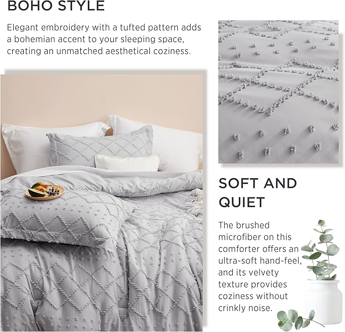 Bedsure King Comforter Set - Light Grey Comforter, Boho Tufted Shabby Chic Bedding for Kids, 3 Pieces Vintage Farmhouse Bed Set for All Seasons, Fluffy Soft Bedding with 2 Pillow Shams