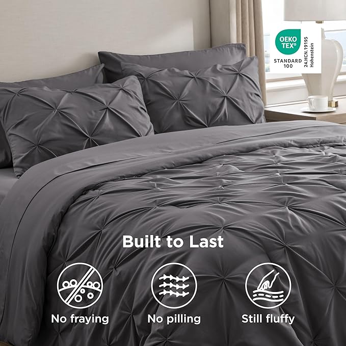 Bedsure Queen Comforter Set Dark Grey - Bed in a Bag Queen Size Bedding 7 Pieces, GentleSoft™ Pintuck Bed Set Gift for Family, Pinch Pleat All Season Comforter with Sheets, Pillowcases & Shams