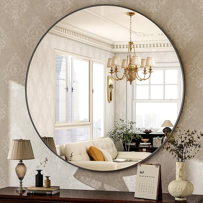 HARRITPURE Round Mirror 30 Black Wall Mounted Circle Mirrors Vanity Mirror with Brushed Aluminum Alloy Frame Modern Decoration for Bathroom, Living Room, Vanity, Bedroom, Entryway