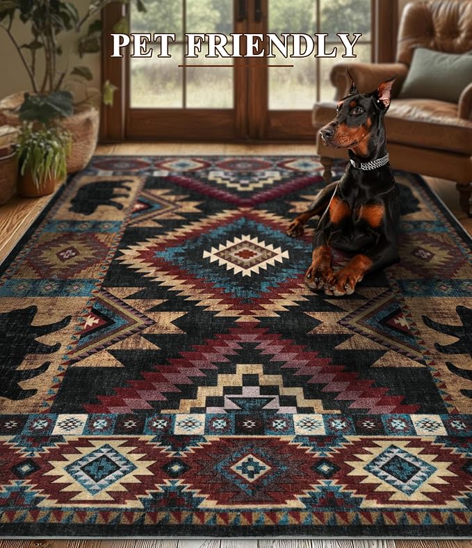 Rustic Cabin Area Rug 9x12, Lodge Wildlife Bear Washable Large Area Rug - Image 7