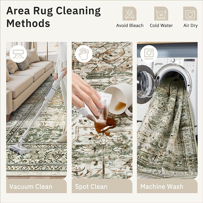 Soalmost 5x7 Area Rug Low Pile Washable Trendy Faded Style Rug, Olive Beige | - Image 5