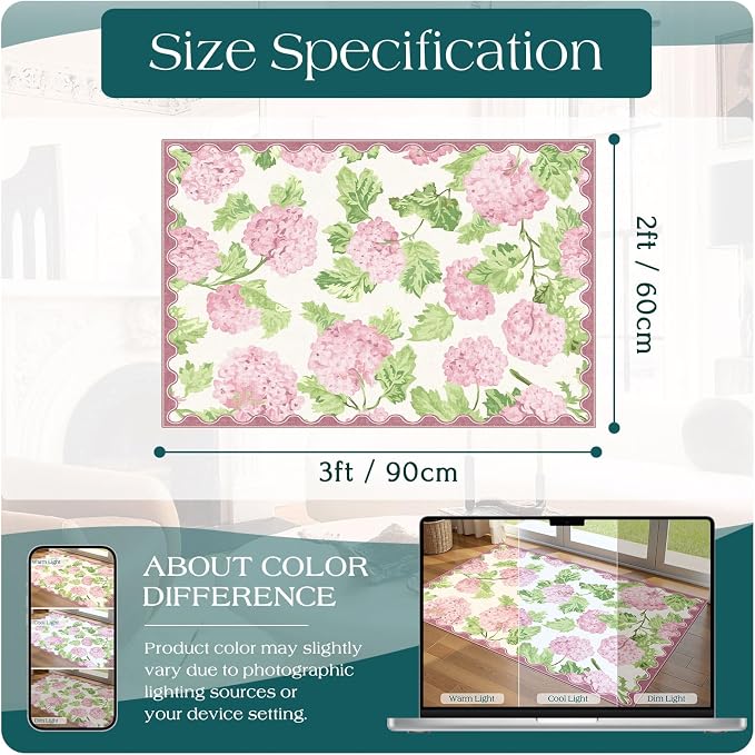 Front Door Mat Outside Entrance, 2x3 Pink White Floral Entryway Rug | Non-Slip - Image 2