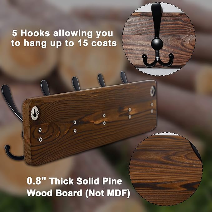 Dseap Coat Rack Wall Mounted - 24" Long 6 Tri Hooks, Heavy Duty Wooden Wall Coat Hanger Coat Hook for Clothes Hat Jacket Clothing, Weathered Blue and Black