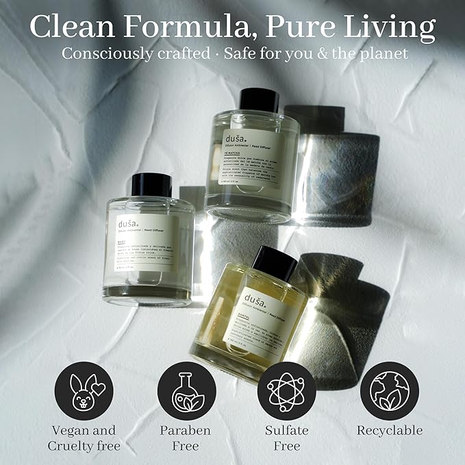 Duša Santal Reed Diffuser & Sticks - 5 Fl Oz Essential Home Fragrance Decor for Bathroom, Office & Living Spaces – Stylish & Long-Lasting Room Air Freshener -Ideal for Housewarming & Special Occasions