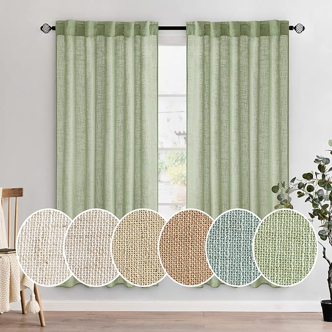 MIULEE Sage Green Linen Curtains 37x72 Inch Length 2 Panels | Window Drapes by MIULEE