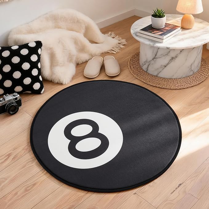 Ophanie 8 Ball Rug-24 Inch White & Black Round Circle Area Rugs, Room Decor - Image 5