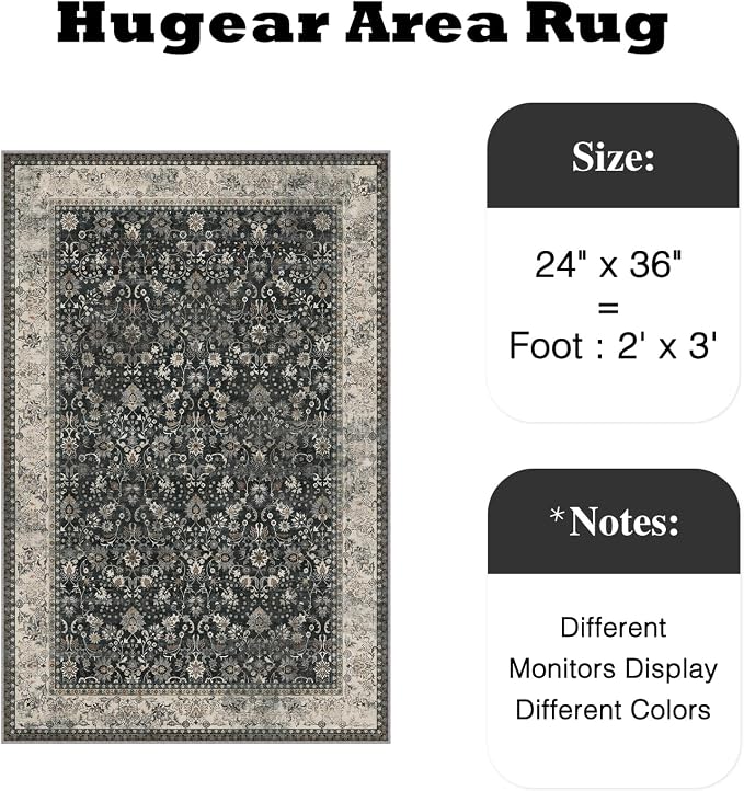 2x3 Black Beige Vintage Floral Washable Area Rug - Image 2