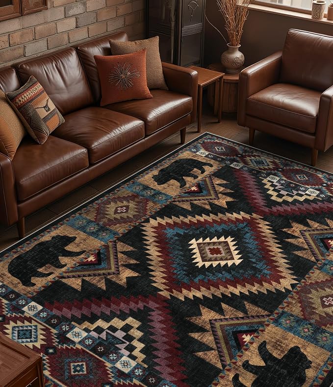 Rustic Cabin Area Rug for Living Room 8x10, Machine Washable Lodge Bear Rug by YIHOUSE