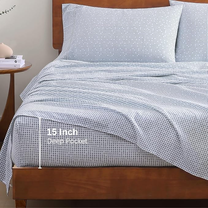 LANE LINEN 100% Organic Cotton Pre Washed Extra Long Twin Sheets Low Pill Fade Resistant Macine Wash Naturally Temperature Regulating Printed Cotton Sheets Twin XL Bed Sheets- Polka Dot Blue