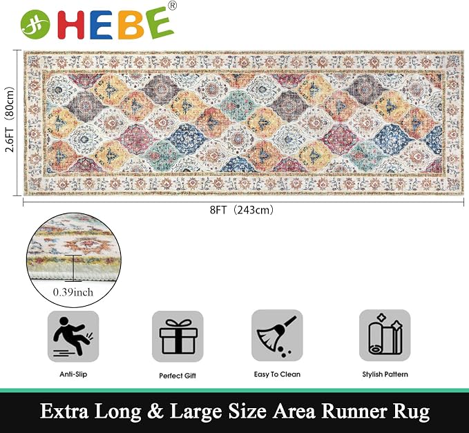 HEBE Hallway Runner Rug 2'8''x8', Washable Non Slip Kitchen Rug Runner | Soft - Image 2