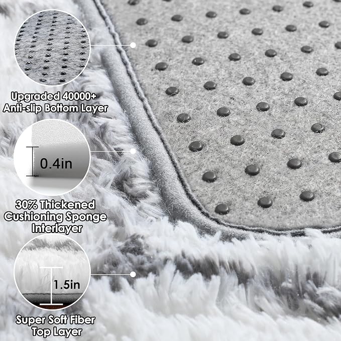 Area Rugs for Living Room, 7x10 Fluffy White and Grey Geometric Bedroom Rug | - Image 5