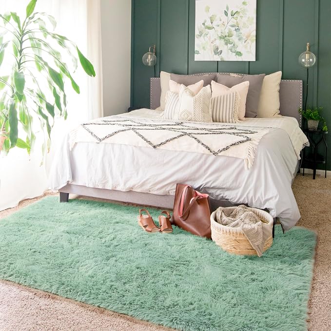 Amdrebio Sage Green Furry Area Rug 5x8 - Image 3