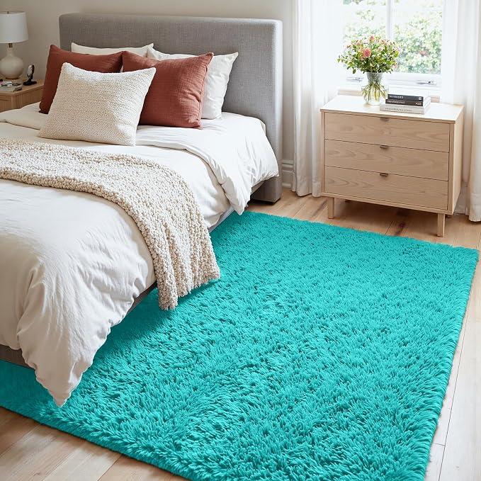 4x6 Fluffy Shag Area Rugs for Living Room Bedroom: Soft Carpet Teal Blue | - Image 2