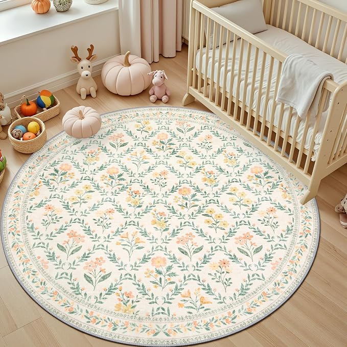 PLHXFR Round Area Rug Living Room: 4 ft Floral Washable Carpet Beige Multi | - Image 5