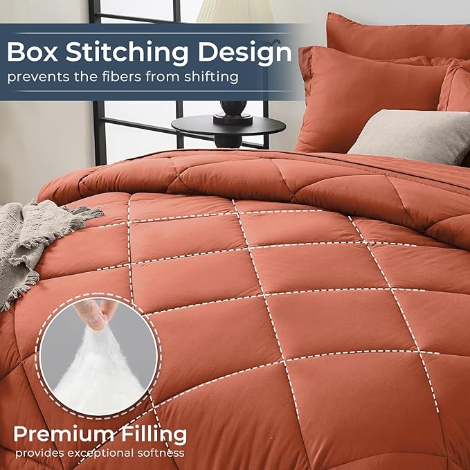 HEVUMYI Burnt Orange King Comforter Set - 7-Piece All Season Bed in a Bag King, Ultra Soft Bedding Set with Comforter, Flat Sheet, Fitted Sheet, Pillowcases, Pillow Shams