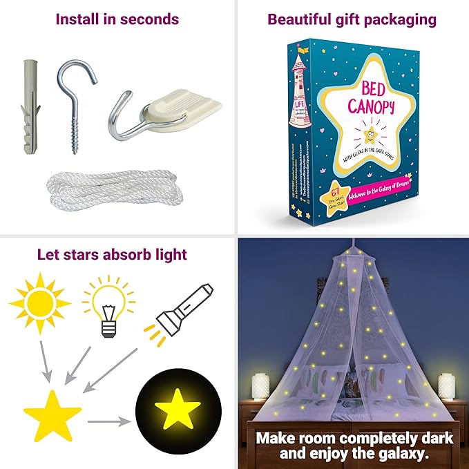 Canopy for Girls Bed with Pre-Glued Glow in The Dark Stars - Princess Mosquito Net Room Decor - Kids & Baby Bedroom Tent with Galaxy Lights - 1 Opening Canopy Bed & Hanging Kit Included