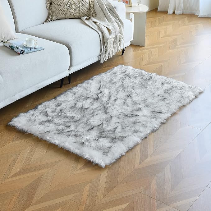 duduta White Black Faux Sheepskin Fur Rug 3x5 ft, Fluffy Carpet Rug | Shag - Image 5