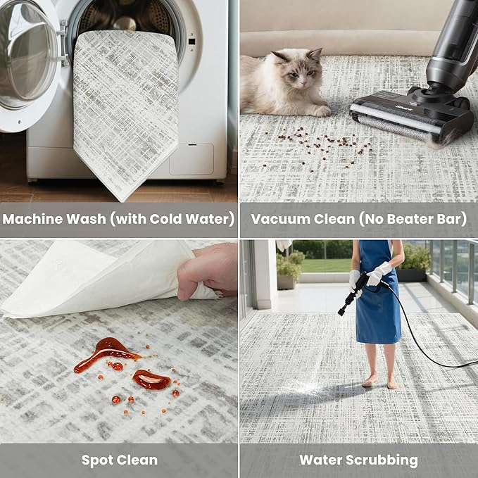 10x14 Washable Area Rug for Living Room Bedroom: Non-Slip Modern White Gray | - Image 5
